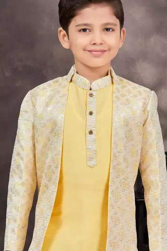 Yellow kasak zari jackard & banarasi silk indo western with silk dupion pajama for kids