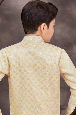 Yellow kasak zari jackard & banarasi silk indo western with silk dupion pajama for kids 3