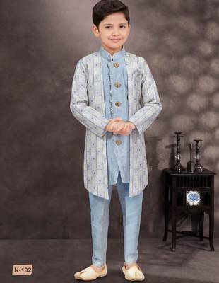 Blue jackard & banarasi silk indo western with silk dupion pajama for kids 1