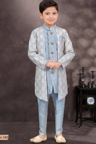 Blue jackard & banarasi silk indo western with silk dupion pajama for kids