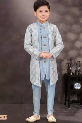 Blue jackard & banarasi silk indo western with silk dupion pajama for kids