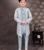 Blue jackard & banarasi silk indo western with silk dupion pajama for kids