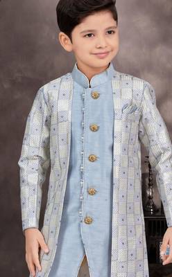 Blue jackard & banarasi silk indo western with silk dupion pajama for kids 2