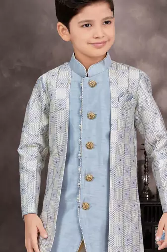 Blue jackard & banarasi silk indo western with silk dupion pajama for kids