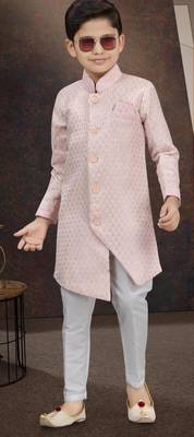 Pink kasak zari jackard sherwani with silk dupion pajama for kids 1