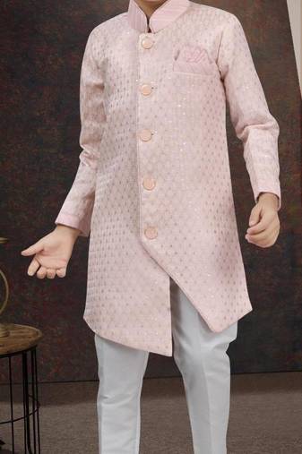 Pink kasak zari jackard sherwani with silk dupion pajama for kids