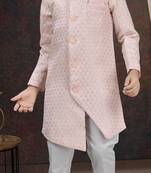 Pink kasak zari jackard sherwani with silk dupion pajama for kids