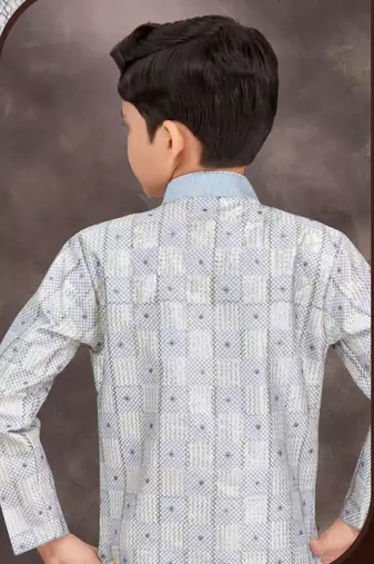 Blue jackard & banarasi silk indo western with silk dupion pajama for kids