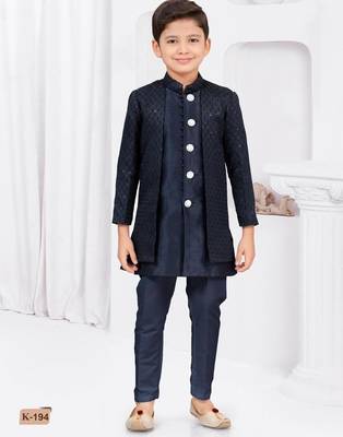 Blue kasak zari jackard & banarasi silk indo western with silk dupion pajama for kids 1