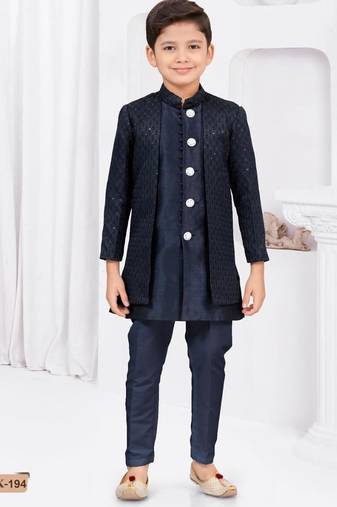 Blue kasak zari jackard & banarasi silk indo western with silk dupion pajama for kids