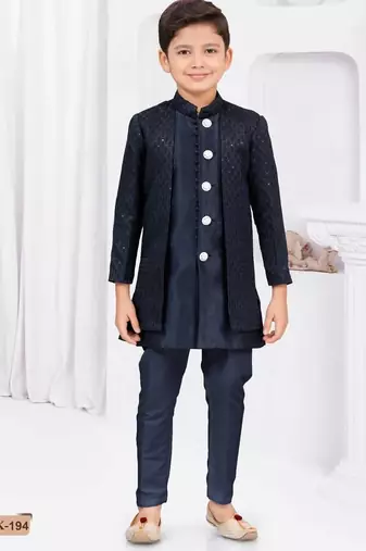 Blue kasak zari jackard & banarasi silk indo western with silk dupion pajama for kids