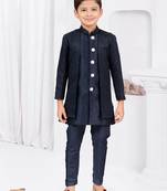 Blue kasak zari jackard & banarasi silk indo western with silk dupion pajama for kids