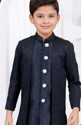 Blue kasak zari jackard & banarasi silk indo western with silk dupion pajama for kids 2