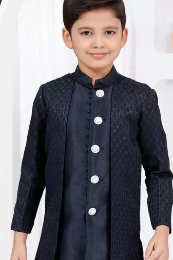 Blue kasak zari jackard & banarasi silk indo western with silk dupion pajama for kids