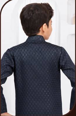 Blue kasak zari jackard & banarasi silk indo western with silk dupion pajama for kids 3