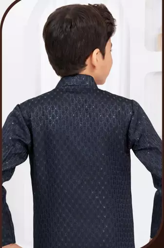 Blue kasak zari jackard & banarasi silk indo western with silk dupion pajama for kids