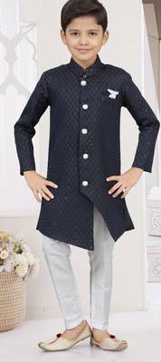 Blue kasak zari jackard sherwani with silk dupion pajama for kids 3