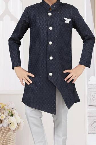 Blue kasak zari jackard sherwani with silk dupion pajama for kids