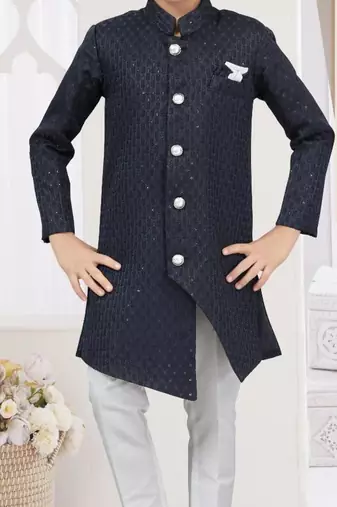Blue kasak zari jackard sherwani with silk dupion pajama for kids