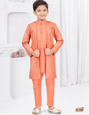 Orange champion silk & banarasi silk indo western with silk dupion pajama for kids 1