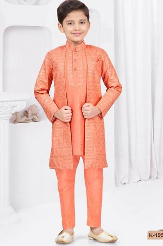 Orange champion silk & banarasi silk indo western with silk dupion pajama for kids