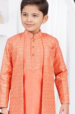 Orange champion silk & banarasi silk indo western with silk dupion pajama for kids 2