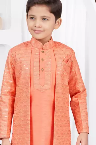 Orange champion silk & banarasi silk indo western with silk dupion pajama for kids