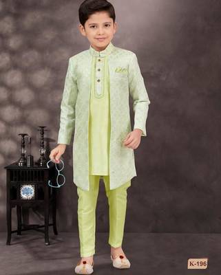 Green kasak zari jackard & banarasi silk indo western with silk dupion pajama for kids 1