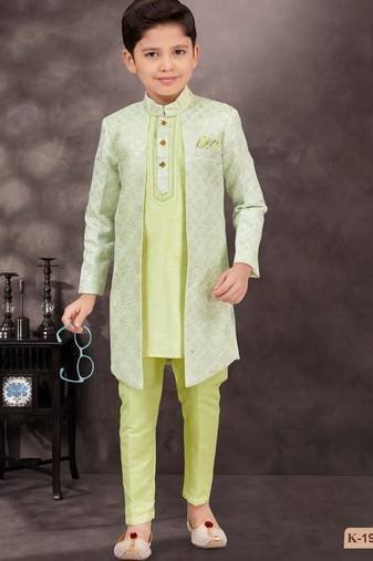 Green kasak zari jackard & banarasi silk indo western with silk dupion pajama for kids