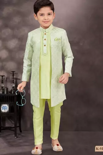 Green kasak zari jackard & banarasi silk indo western with silk dupion pajama for kids