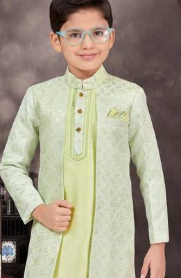 Green kasak zari jackard & banarasi silk indo western with silk dupion pajama for kids 2