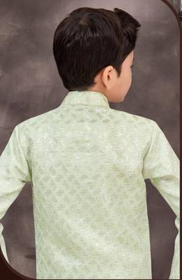 Green kasak zari jackard & banarasi silk indo western with silk dupion pajama for kids 3
