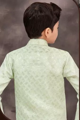 Green kasak zari jackard & banarasi silk indo western with silk dupion pajama for kids