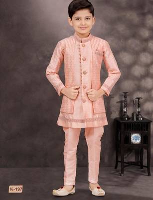 Pink banarasi silk indo western with silk dupion pajama for kids 1