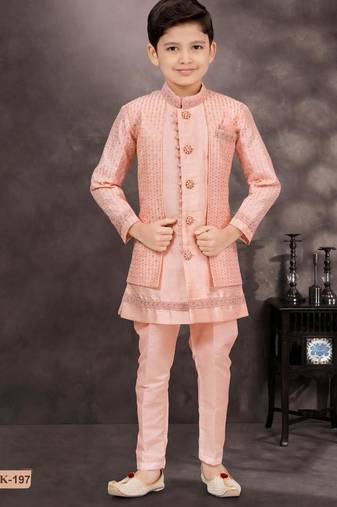 Pink banarasi silk indo western with silk dupion pajama for kids