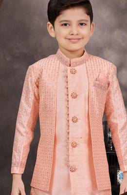 Pink banarasi silk indo western with silk dupion pajama for kids 2