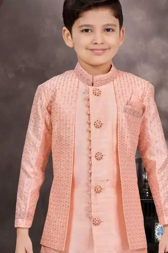 Pink banarasi silk indo western with silk dupion pajama for kids