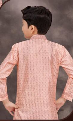Pink banarasi silk indo western with silk dupion pajama for kids 3