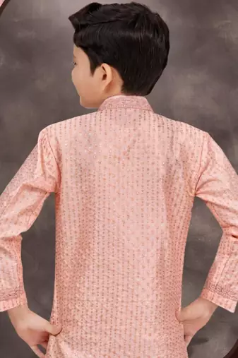 Pink banarasi silk indo western with silk dupion pajama for kids