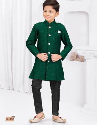 Green banarasi silk sherwani with silk dupion pajama for kids 1