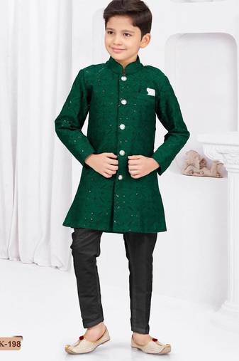 Green banarasi silk sherwani with silk dupion pajama for kids