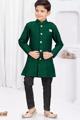 Green banarasi silk sherwani with silk dupion pajama for kids