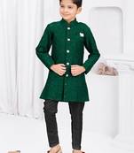 Green banarasi silk sherwani with silk dupion pajama for kids