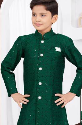 Green banarasi silk sherwani with silk dupion pajama for kids 2