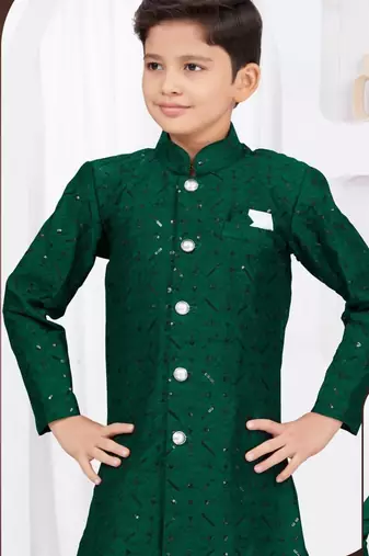 Green banarasi silk sherwani with silk dupion pajama for kids