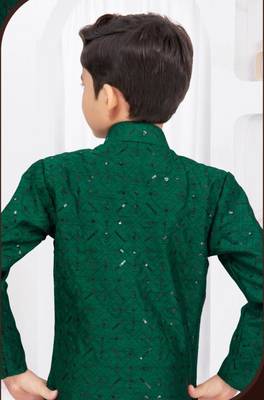 Green banarasi silk sherwani with silk dupion pajama for kids 3