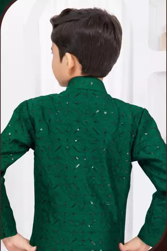 Green banarasi silk sherwani with silk dupion pajama for kids