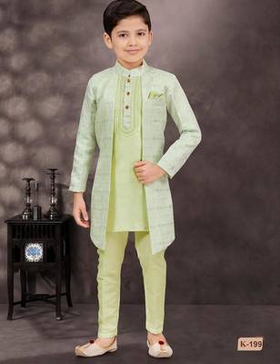 Green jackard & banarasi silk indo western with silk dupion pajama for kids 1