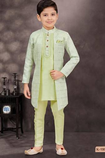 Green jackard & banarasi silk indo western with silk dupion pajama for kids