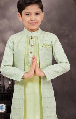 Green jackard & banarasi silk indo western with silk dupion pajama for kids 2